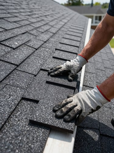 Close-up portrait of asphalt shingles being laid row by row on a residential roof on the South Shore, worker's gloved hands pressing a shingle into place, natural daylight from the left, raw felt underlayment visible at the bottom edge, no faces