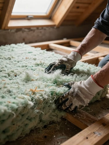 Hands in work gloves pressing mineral wool insulation batts into an attic floor between wooden joists, natural daylight from a small attic window, close-up detail shot showing material texture and depth, no faces