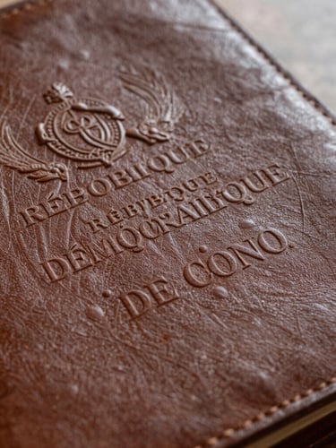 Vue rapprochée d'un traité officiel en cuir avec le sceau de la République Démocratique du Congo, lumière naturelle rasante sur le papier texturé.