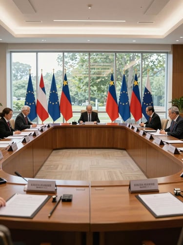 Wide environmental shot of a formal diplomatic conference room, natural daylight through large windows, structured wooden table with official documents and national flags, solemn institutional atmosphere.
