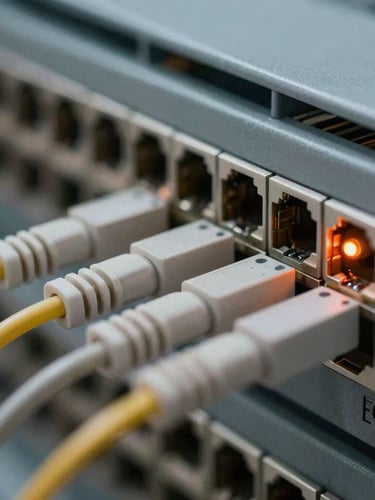A close-up macro shot of structured fiber optic cabling terminated into a high-density patch panel with a single orange status LED glowing.