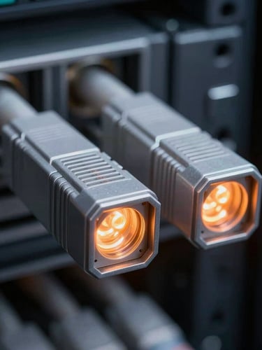 Macro close-up of clean fiber optic cable terminations glowing with subtle orange LED signal light in a dark server rack.