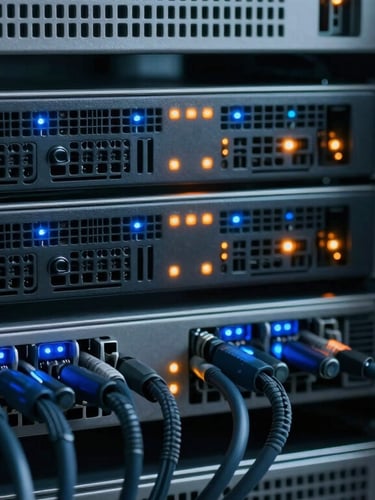 Macro photograph of clean server rack cabling, subtle blue and orange LED status lights glowing in a cool daylight server room.