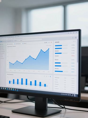 Close-up of a modern workspace with analytical dashboards showing financial metrics on screens, sharp focus, cool-toned daylight