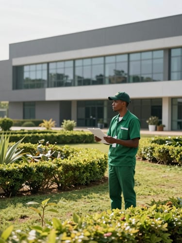 Professional facility manager in clean green uniform inspecting a pristine corporate garden in Luanda, bright equatorial morning light, architectural background, 35mm lens