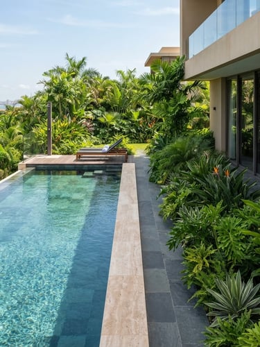 Pristine swimming pool next to a perfectly manicured tropical garden in Luanda, clean vertical framing, bright natural equatorial daylight, sharp architectural focus, 35mm lens