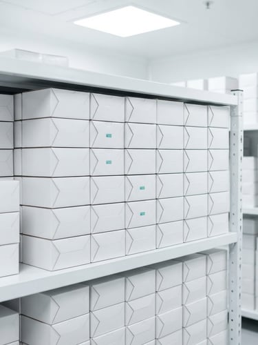Bright high-key medical photography, sterile white cold-chain storage facility, medical boxes stacked neatly, crisp neutral daylight, sharp focus, 50mm lens
