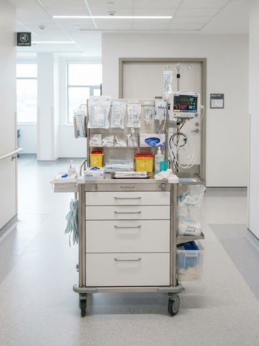 Bright high-key medical photography, sterile hospital corridor with medical equipment cart, sharp focus, neutral daylight
