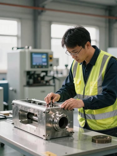 A professional inspector in a high-visibility vest examining a metallic product prototype on a bright factory floor, active machinery blurred in background, 35mm