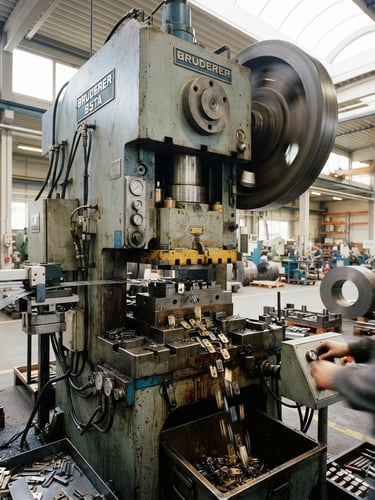 Industrial documentary photography of a high-precision metal stamping press on a clean factory floor, bright natural warehouse lighting, sharp focus, 35mm