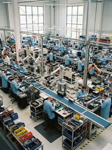 High-angle shot of a clean, modern electronics assembly line, bright natural warehouse lighting, metallic robotic arms, sharp focus, 35mm
