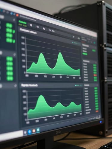 Close crop of a deployment dashboard on a large monitor, green uptime indicators and request latency graphs visible, screen glow in a darkened workspace, cables and server rack edge in background, no people, tight architectural framing
