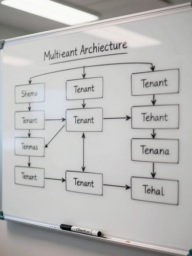 Overhead shot of a whiteboard covered in a multi-tenant architecture diagram, boxes labeled with schema names and arrows showing tenant routing, dry-erase marker resting at the bottom edge, natural office light from above, no people