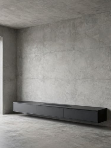 Wide environmental interior of a minimalist concrete living room, a sleek matte charcoal climate unit integrated flush into the wall, soft natural window light, 35mm photography
