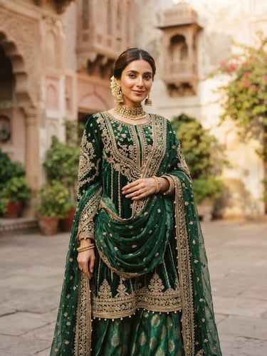 Warm editorial fashion photography of a Pakistani woman wearing a beautifully draped emerald festive dress, soft natural light