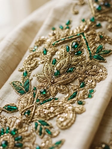 Macro close-up of intricate gold threadwork and emerald embroidery on cream raw silk, soft diffused natural light, shallow depth of field, 35mm