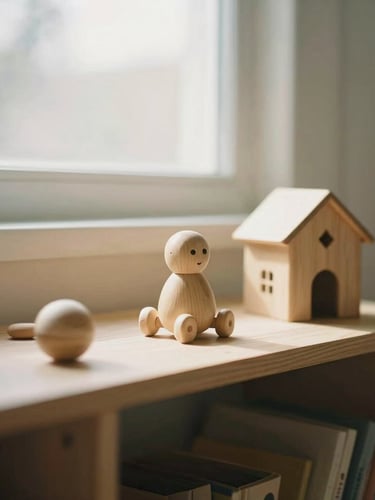 A warm, sunlit home playroom with wooden toys on a low shelf, soft natural window light, gentle muted earth tones, shallow depth of field, 35mm