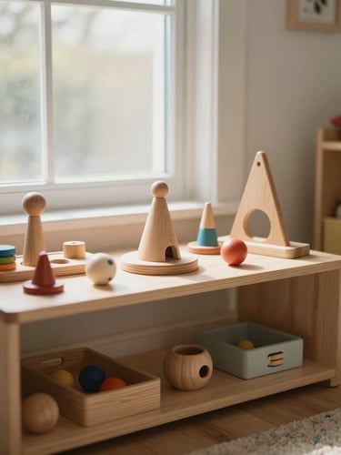 A bright, organized home playroom with natural wooden toys on a low shelf, soft morning light filtering through a window, clean and safe play environment, warm editorial photography, 35mm