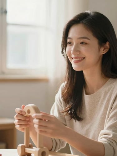 Warm editorial portrait of a smiling female childcare provider in a sunlit home environment, holding a wooden toy, soft natural window light, shallow depth of field, 35mm.