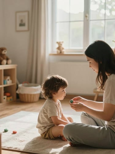 Warm editorial photography of a cozy, organized home playroom with soft natural window light. Gentle muted earth tones, shallow depth of field, 35mm. A caregiver sits at eye-level with a child.