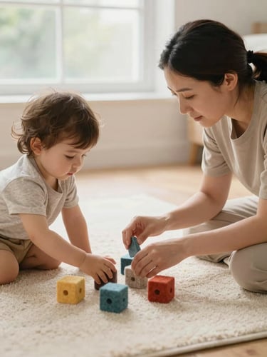 A caregiver interacting at eye-level with a young child playing with soft felt blocks on a clean cream rug, natural window light, shallow depth of field, warm editorial photography