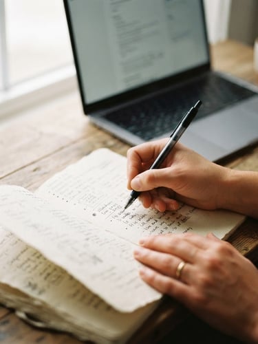 Primer plano de manos tomando notas en un cuaderno de papel texturizado, un teclado de ordenador portátil visible al fondo, luz natural indirecta y suave de una ventana, tonos tierra apagados, estilo editorial.