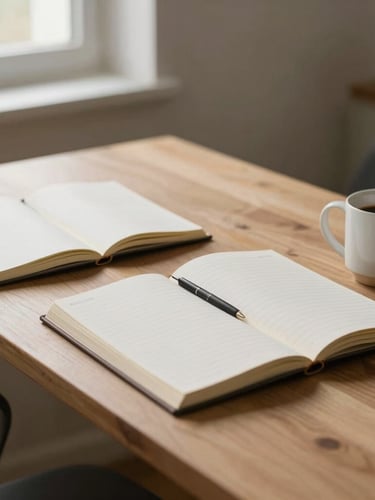 Planos cenitales de escritorios ordenados, cuaderno abierto con notas manuscritas organizadas, taza de café de cerámica, luz natural indirecta y suave de ventana