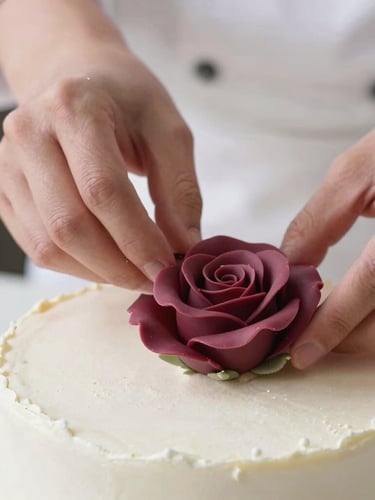 Macro close-up of a pastry chef's hands delicately placing a hyper-realistic sugar rose onto a textured white cake, soft natural side lighting, shallow depth of field, elegant atmosphere
