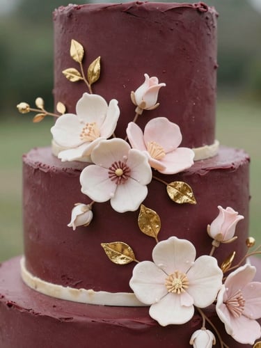 Elegant close-up of a three-tiered wedding cake decorated with delicate, hand-sculpted sugar flowers and gold leaf, soft natural daylight, shallow depth of field, premium editorial food photography.