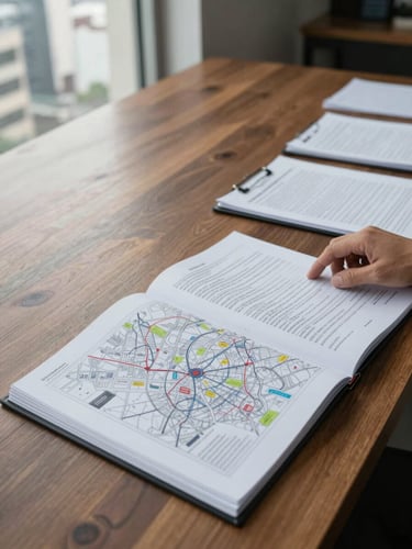 Wide editorial shot of a large wooden desk surface, regulatory binders and printed market maps spread open, a hand resting on annotated documents, daylight from a window to the left casting a cool neutral light across the papers, Lima urban skyline faintly visible through glass in the background, generous negative space to the left of the frame