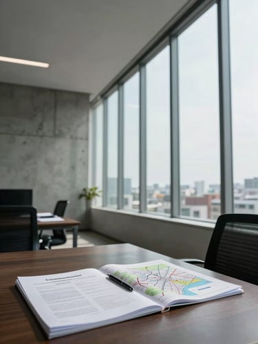 Wide environmental shot of a Lima office workspace interior, tall windows casting cool daylight across a desk with open regulatory documents and a city map, architectural concrete detail on the left wall, generous negative space above