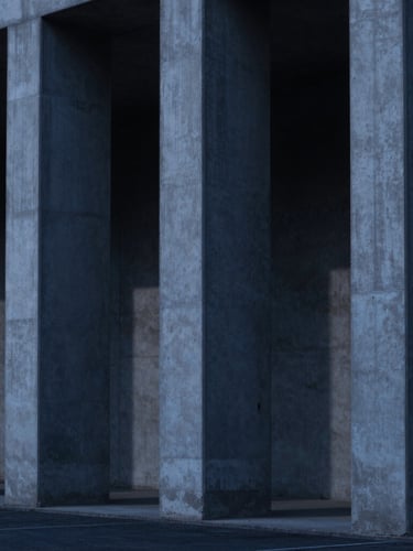 Minimalist architectural photography of concrete brutalist pillars with sharp shadows under cool blue-hour light, 35mm