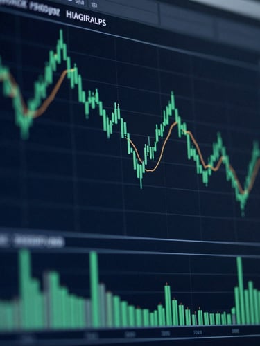 Macro close-up of a high-resolution financial terminal displaying complex quantitative risk models, sharp green lines on a dark screen, cool blue-hour low-key lighting, 35mm