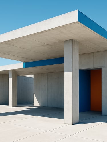 Wide-angle architectural photograph of a minimalist concrete pavilion in Doral, bright high-key natural daylight, sharp geometric shadows, electric blue accents, 35mm