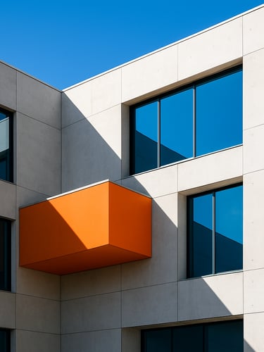 Bright architectural photography of a modern concrete and glass building facade in Doral, high-key natural daylight, sharp geometric shadows, vivid blue sky reflection, 35mm