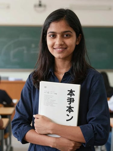 Dignified portrait of a female student in Dhaka holding a Japanese textbook, smiling confidently, modern clean classroom background, natural daylight, 35mm lens