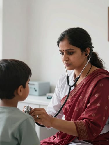 Dignified portrait of a female Bangladeshi doctor in a bright, clean, modern community clinic, examining a child with a stethoscope, bright natural daylight, rich deep tones, 35mm lens.