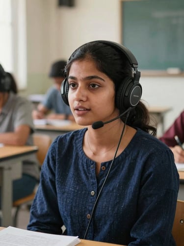 Dignified portrait of a young Bangladeshi woman in a brightly lit modern language lab, wearing headphones and speaking confidently, sharp focus, 35mm lens