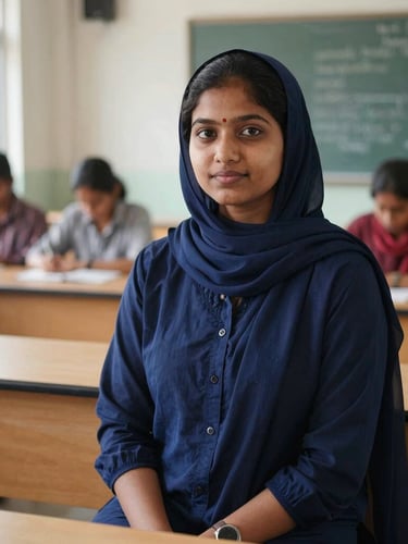 Dignified portrait of a young Bangladeshi woman in a modern language lab, bright natural daylight, rich deep tones, sharp focus, 35mm lens.