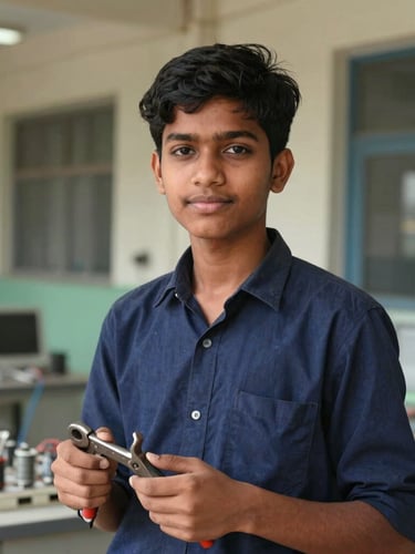 Dignified portrait of a young Bangladeshi student in a modern electrical workshop, holding tools under bright natural daylight, sharp focus, 35mm lens