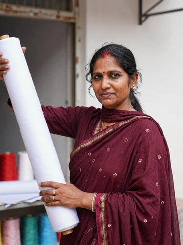 A dignified portrait of a Bangladeshi woman standing proudly in her newly established tailoring shop, holding high-quality textile roll, bright natural daylight, editorial photography