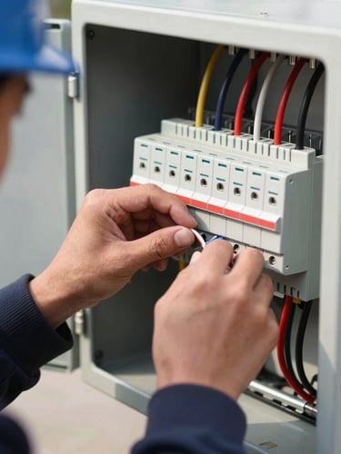 Close-up of hands-on technical training, a student in protective gear wiring an industrial electrical panel under bright daylight, editorial documentary photography, sharp focus