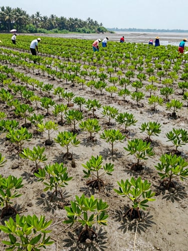 Wide-angle panoramic shot of young mangrove saplings planted in structured grids along a tidal shoreline in Bangladesh, local conservationists working in the background under bright natural daylight, 35mm lens.