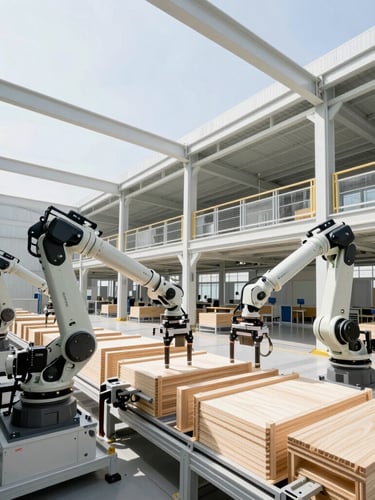 Wide-angle architectural shot of a bright, high-tech off-site manufacturing facility, robotic assembly arms positioning mass timber components, clean industrial daylight.
