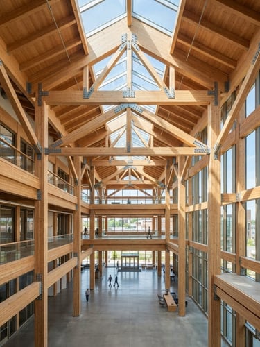 Wide-angle architectural photograph of a modern mass timber structure under bright daylight, clean structural lines, sharp geometric framing, high-tech industrial aesthetic