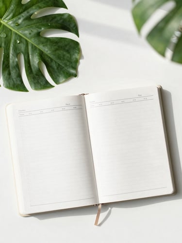 Overhead flatlay of a sunlit morning workspace, clean white desk, vibrant green plant leaf, open physical planner with structured time blocks, crisp natural daylight.