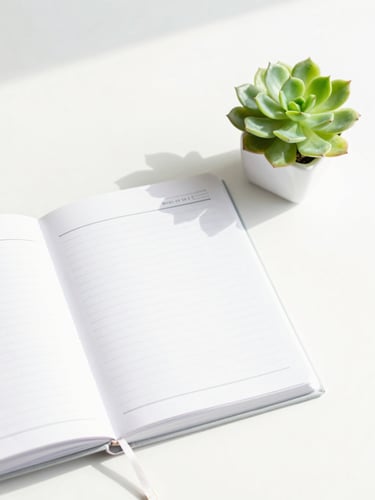Bright sunlit workspace flatlay, clean white desk with an open structured planner, green succulent, crisp morning daylight, high-key photography