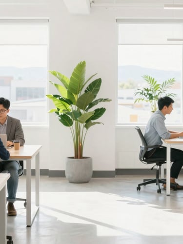 Bright, high-key photo of a modern, sunlit collaborative office space in Holladay, Utah, featuring clean minimalist wooden tables, active professionals collaborating, morning daylight, crisp green plants.