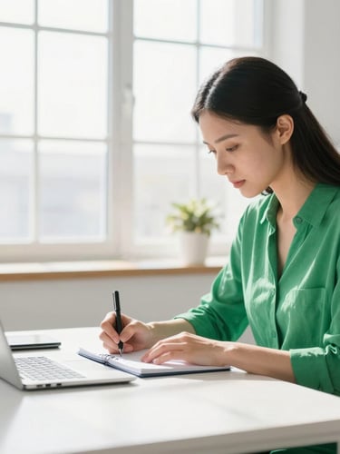 A focused professional in a bright, sunlit modern office, writing in a notebook, morning light streaming through large windows, crisp clean atmosphere.