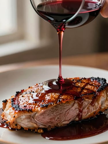 A close-up of rich red wine reduction sauce being drizzled over a perfectly seared duck breast, warm side-lighting, shallow depth of field